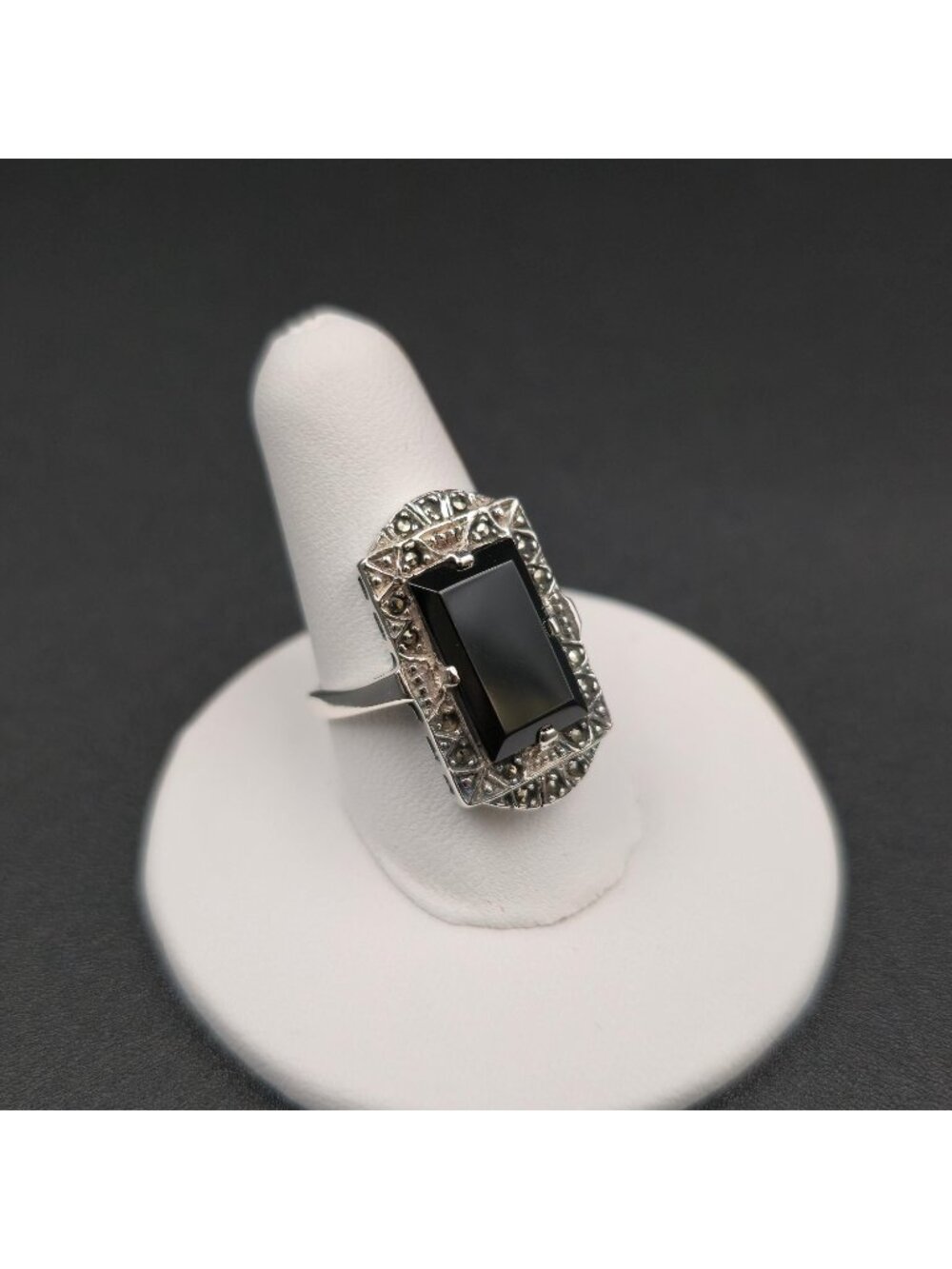 Size 7.5 Sterling Silver Art Deco Sterling Silver Black Onyx Filigree Ring A7488 - Picture 3 of 9